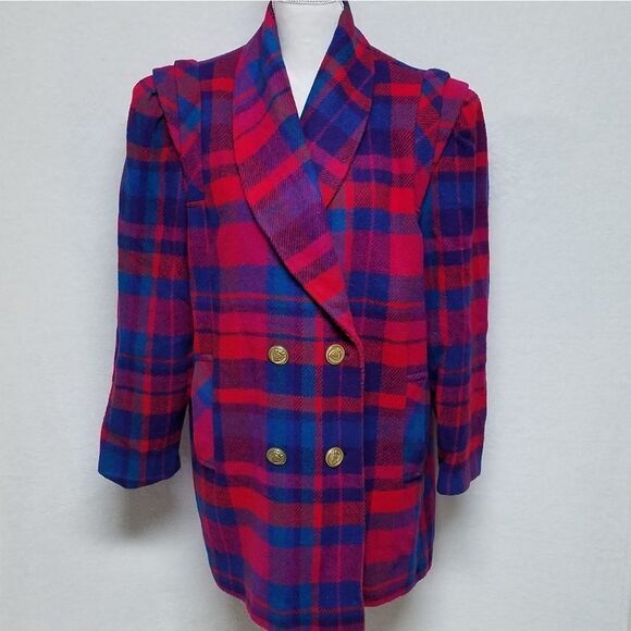 VINTAGE 1970s Dani Colby Pink Blue Plaid Recycled Wool Pleat Shoulder Jacket 18W - Picture 6 of 16